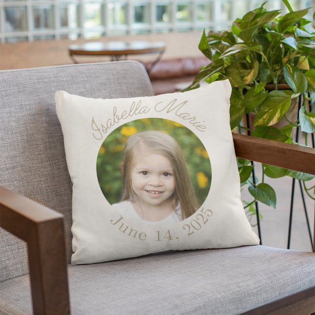 Centered Circle & Script Throw Pillow (Soft minimal pillow featuring circle-cropped image with arched script name and date detail.)