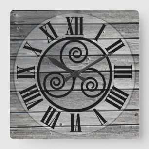 Centered Triskelion On Aged Wood Image, White Square Wall Clock