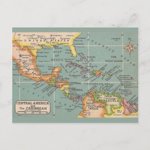 Central America  The Caribbean Map Postcard