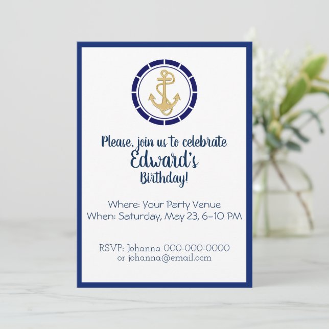 Central Golden Anchor Birthday Invitation (Standing Front)