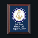 Central Golden Anchor Navy Blue Nautical Award Plaque<br><div class="desc">A large central golden anchor contrasts with the dark deep navy blue on the rim of this nautical design clock. Perfect touch for your nautical decor.
Maiden call plaque for your boat (whether it's a sailboat,  yacht or a dingy!).
Customize to your liking.</div>