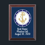 Central Golden Anchor Navy Blue Nautical Award Plaque<br><div class="desc">A large central golden anchor contrasts with the dark deep navy blue on the rim of this nautical design clock. Perfect touch for your nautical decor.
Maiden call plaque for your boat (whether it's a sailboat,  yacht or a dingy!).
Customize to your liking.</div>
