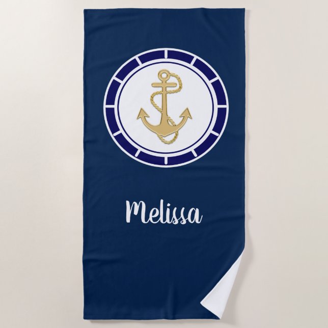 Central Golden Anchor Navy Blue Nautical Beach Towel (Front)