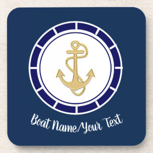 Central Golden Anchor Navy Blue Nautical Beverage Coaster