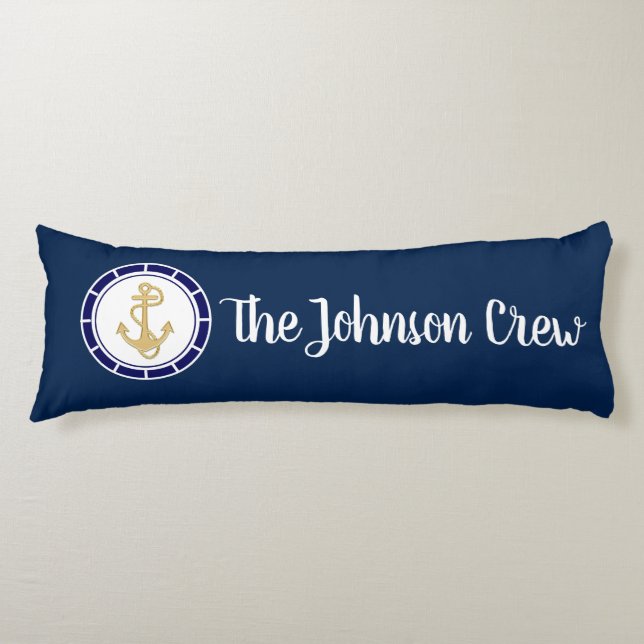Central Golden Anchor Navy Blue Nautical Body Pillow (Front)