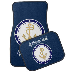 Central Golden Anchor Navy Blue Nautical Car Floor Mat