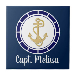 Central Golden Anchor Navy Blue Nautical Ceramic Tile