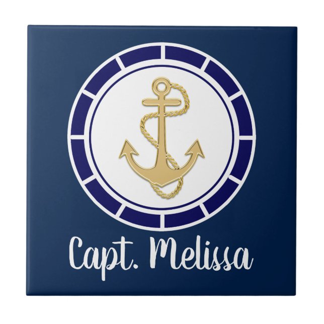 Central Golden Anchor Navy Blue Nautical Ceramic Tile (Front)