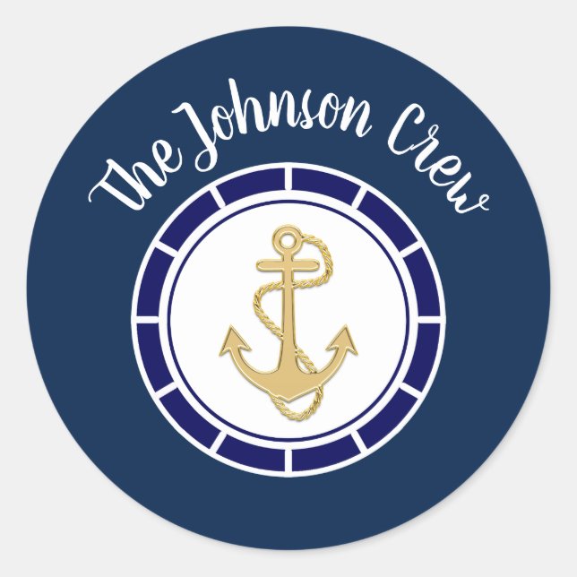 Central Golden Anchor Navy Blue Nautical Classic Round Sticker (Front)
