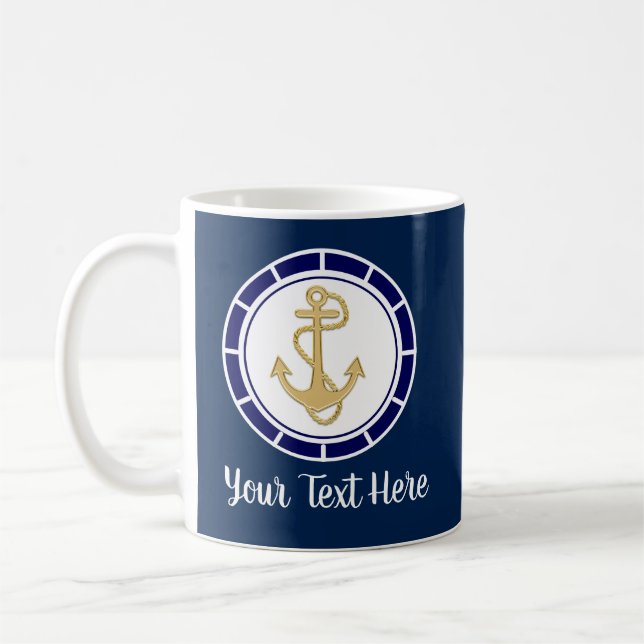 Central Golden Anchor Navy Blue Nautical Coffee Mug (Left)