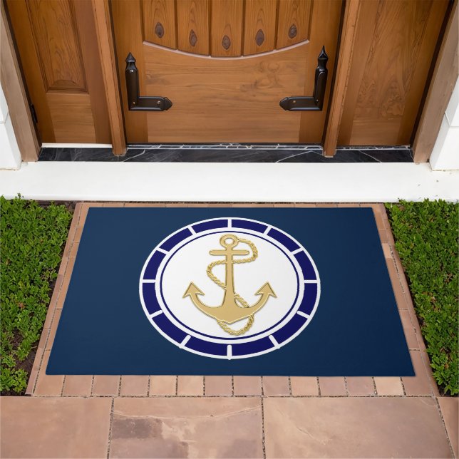 Central Golden Anchor Navy Blue Nautical Doormat (Outdoor)