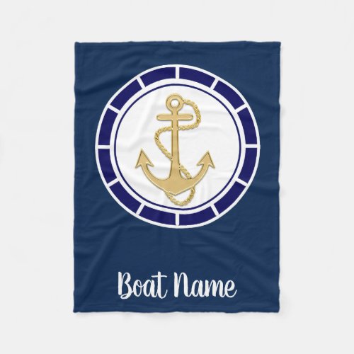 Central Golden Anchor Navy Blue Nautical Fleece Blanket