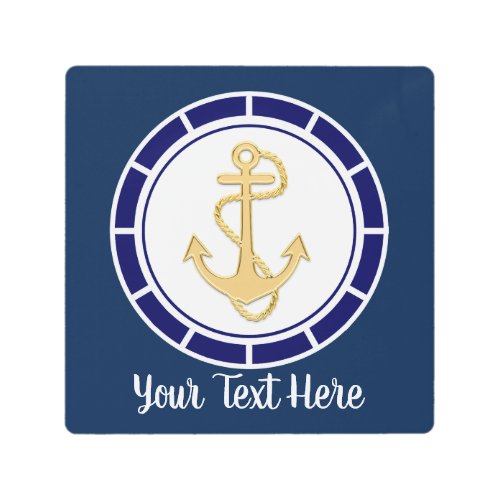 Central Golden Anchor Navy Blue Nautical Metal Print