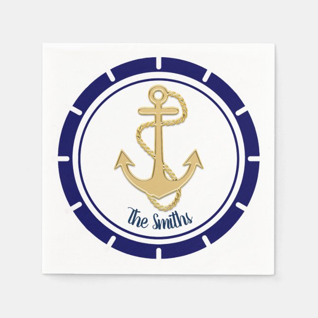 Central Golden Anchor Navy Blue Nautical Napkins (Front)
