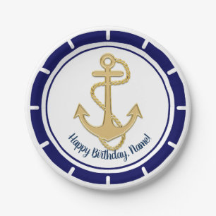 Central Golden Anchor Navy Blue Nautical Paper Plates