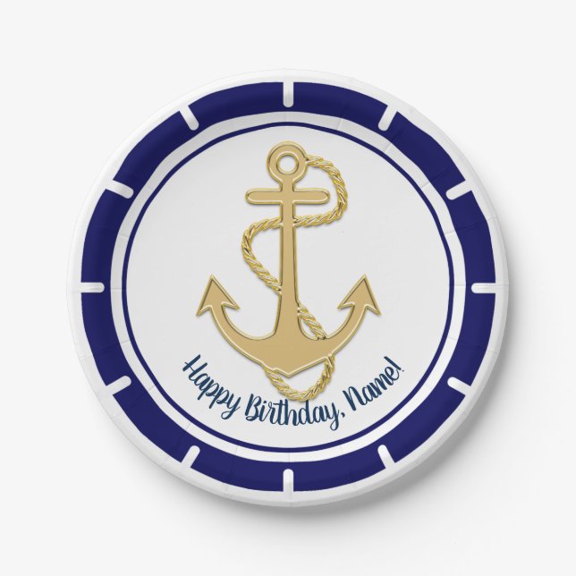 Central Golden Anchor Navy Blue Nautical Paper Plates (Front)