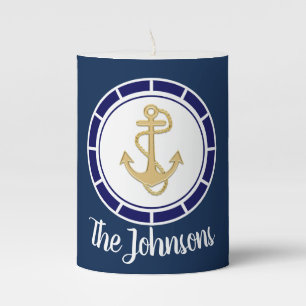 Central Golden Anchor Navy Blue Nautical Pillar Candle