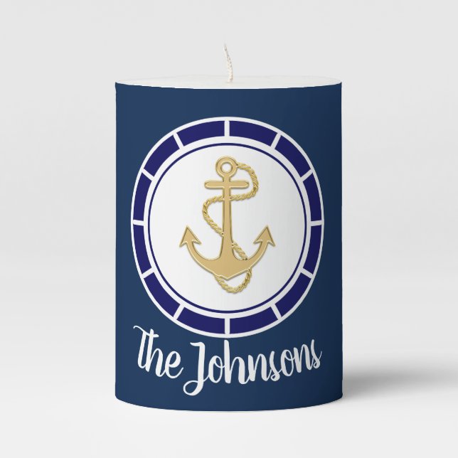 Central Golden Anchor Navy Blue Nautical Pillar Candle (Front)