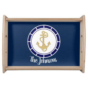 Central Golden Anchor Navy Blue Nautical Serving Tray