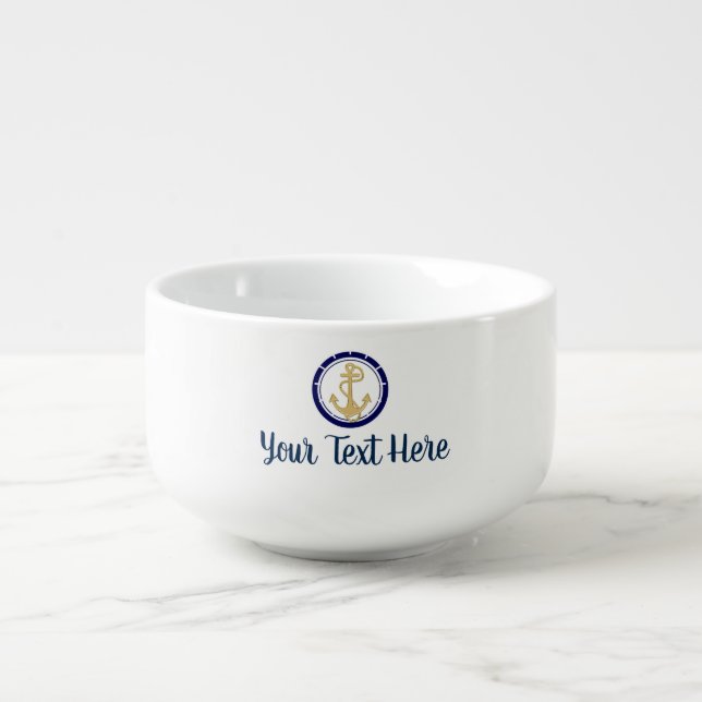 Central Golden Anchor Navy Blue Nautical Soup Mug (Front)