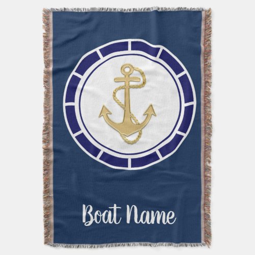 Central Golden Anchor Navy Blue Nautical Throw Blanket