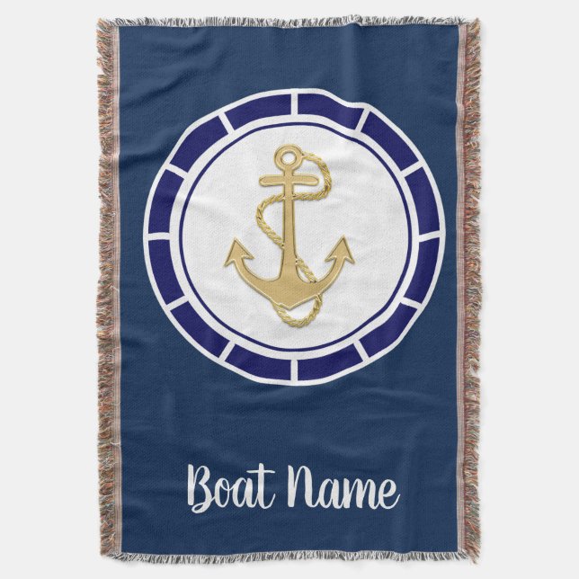 Central Golden Anchor Navy Blue Nautical Throw Blanket (Front Vertical)