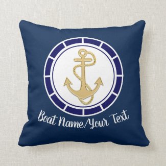 Central Golden Anchor Navy Blue Nautical Throw Pillow