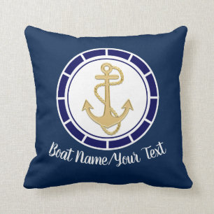 Central Golden Anchor Navy Blue Nautical Throw Pillow