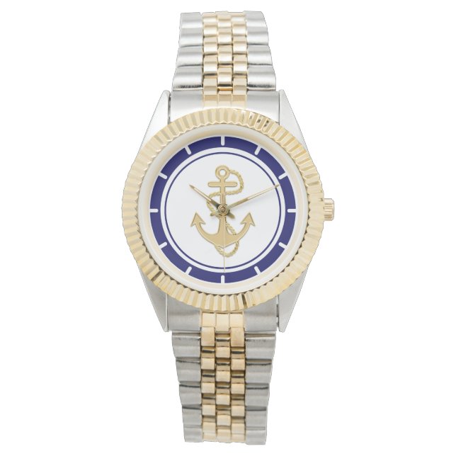 Central Golden Anchor Navy Blue Nautical Watch (Front)