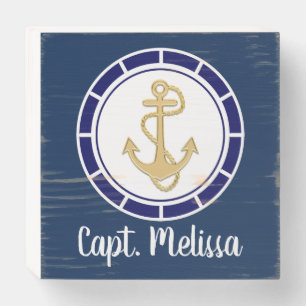 Central Golden Anchor Navy Blue Nautical Wooden Box Sign