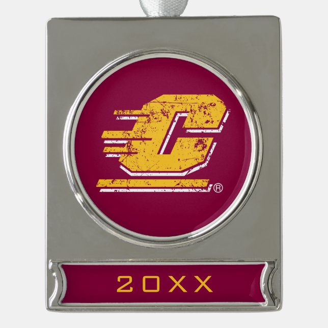 Central Michigan University Distressed Silver Plated Banner Ornament (Front)