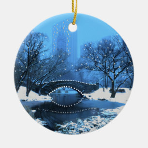 Central Park Bridge at Twilight in the Snow Ceramic Ornament