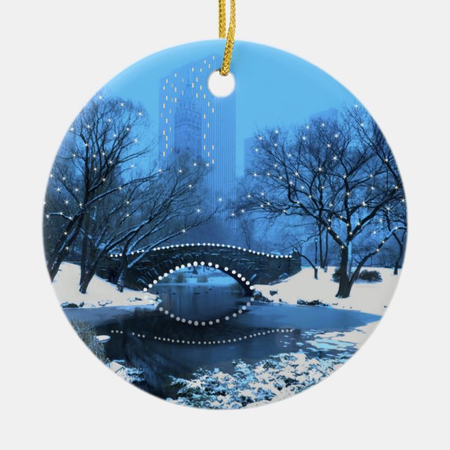 Central Park Bridge at Twilight in the Snow Ceramic Ornament (Front)