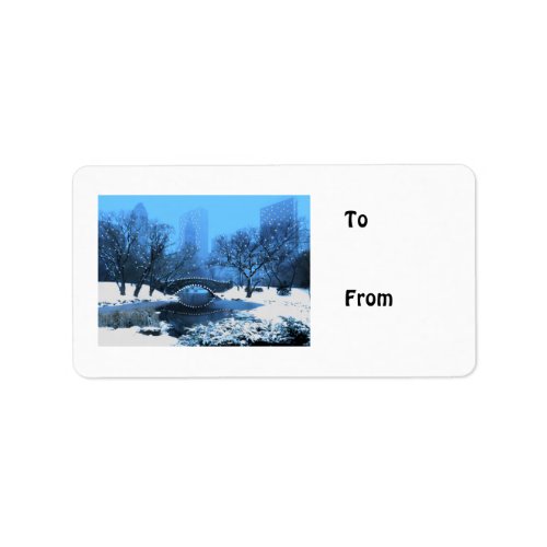 Central Park Bridge at Twilight in the Snow Label