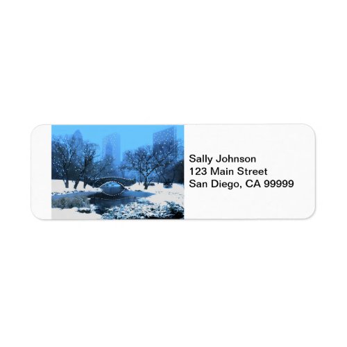 Central Park Bridge at Twilight in the Snow Label