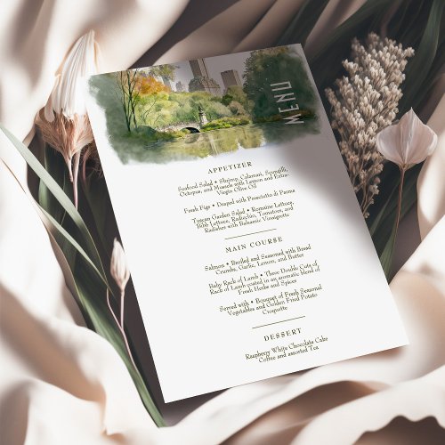 Central Park Elegance Watercolor Wedding Menu Card