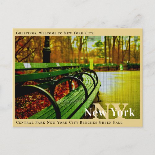 Central Park New York City Benches Green Fall Postcard