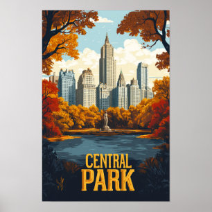 Central Park NYC USA Vintage Illustration Travel Poster