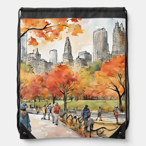 Central Park watercolors AI_generated Drawstring Bag
