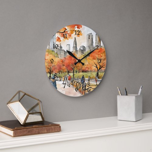 Central Park watercolors AI_generated Large Clock