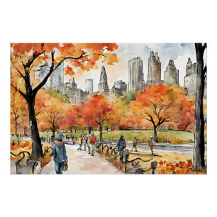 Central Park, watercolors, AI-generated, Poster