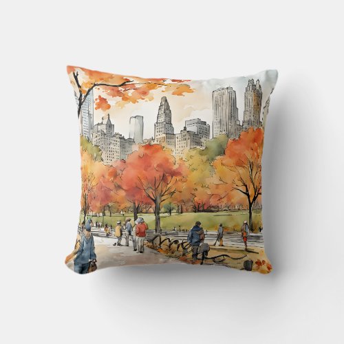 Central Park watercolors AI_generated Throw Pillow