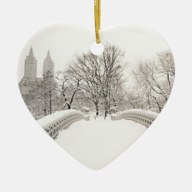 Central Park Winter Romance - Bow Bridge Ceramic Ornament (Front)