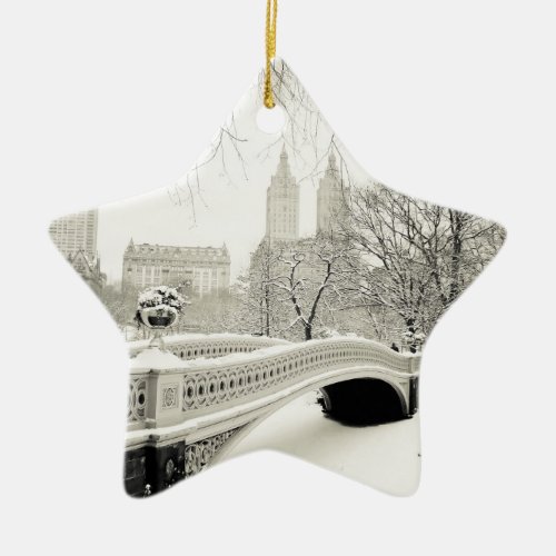 Central Park Winter _ Snow on Bow Bridge Ceramic Ornament