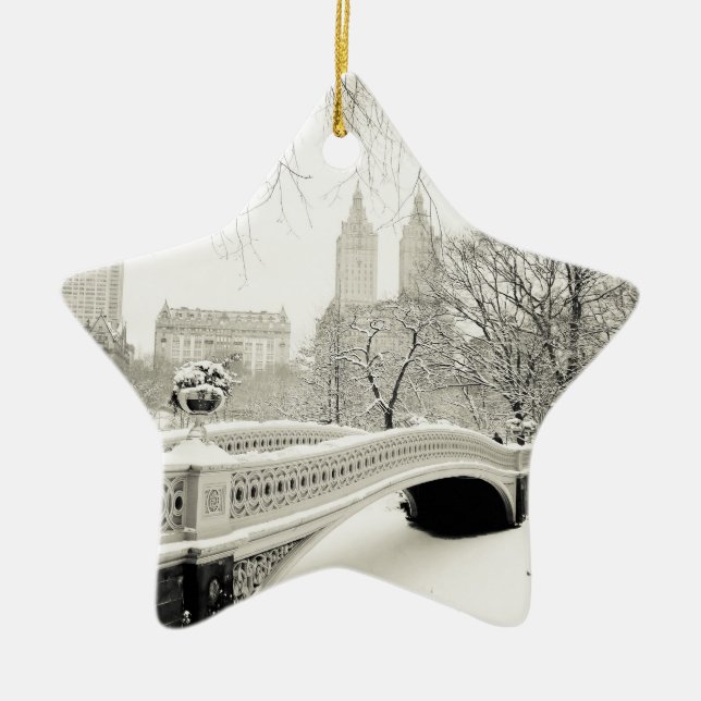Central Park Winter - Snow on Bow Bridge Ceramic Ornament (Front)