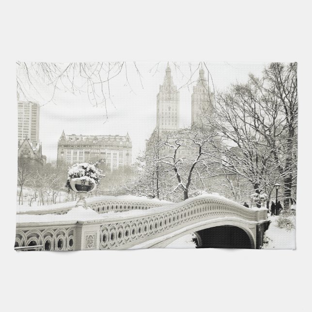 Central Park Winter - Snow on Bow Bridge Kitchen Towel (Horizontal)
