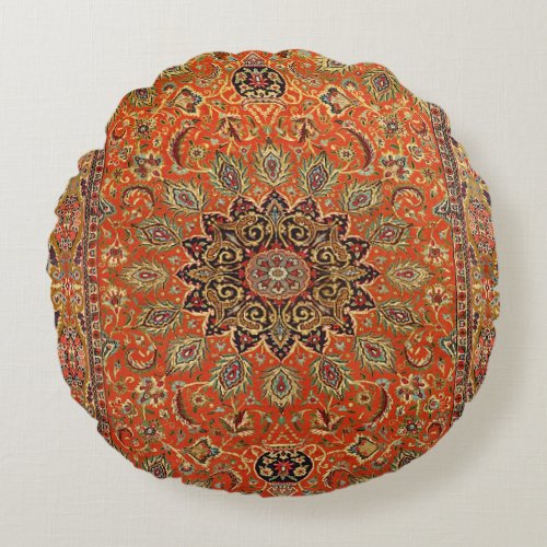 Central Persia Qum Orange Yellow Green  Round Pillow