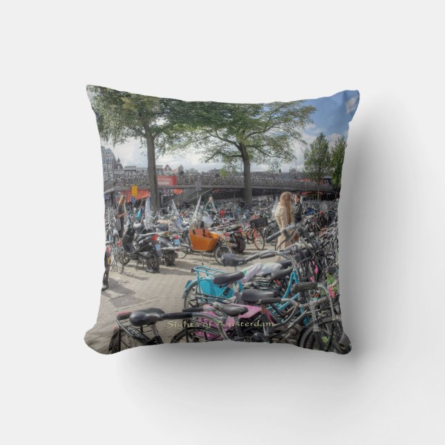 Central Station Bicycle Park, Sights of Amsterdam Throw Pillow (Front)