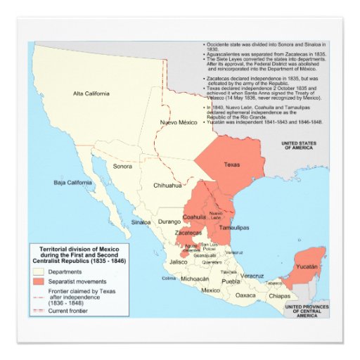 Centralist Republic of Mexico Territorial Map 5.25x5.25 Square Paper ...