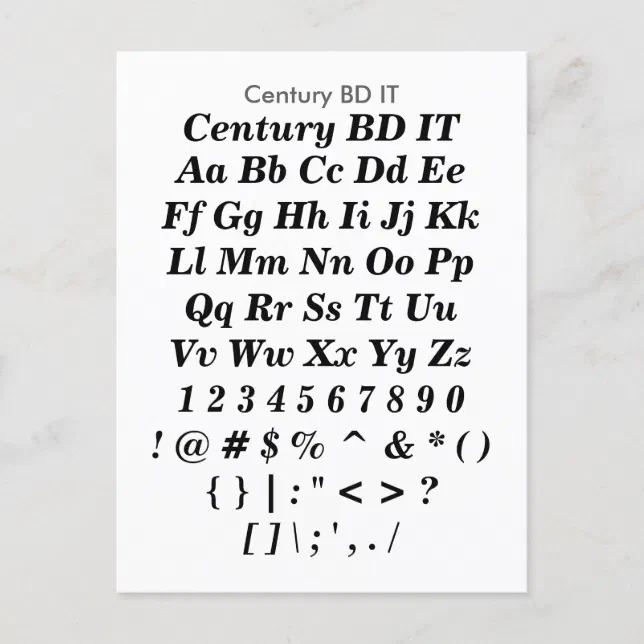 Century BD IT Zazzle Font Sampler Sheet Postcard Zazzle